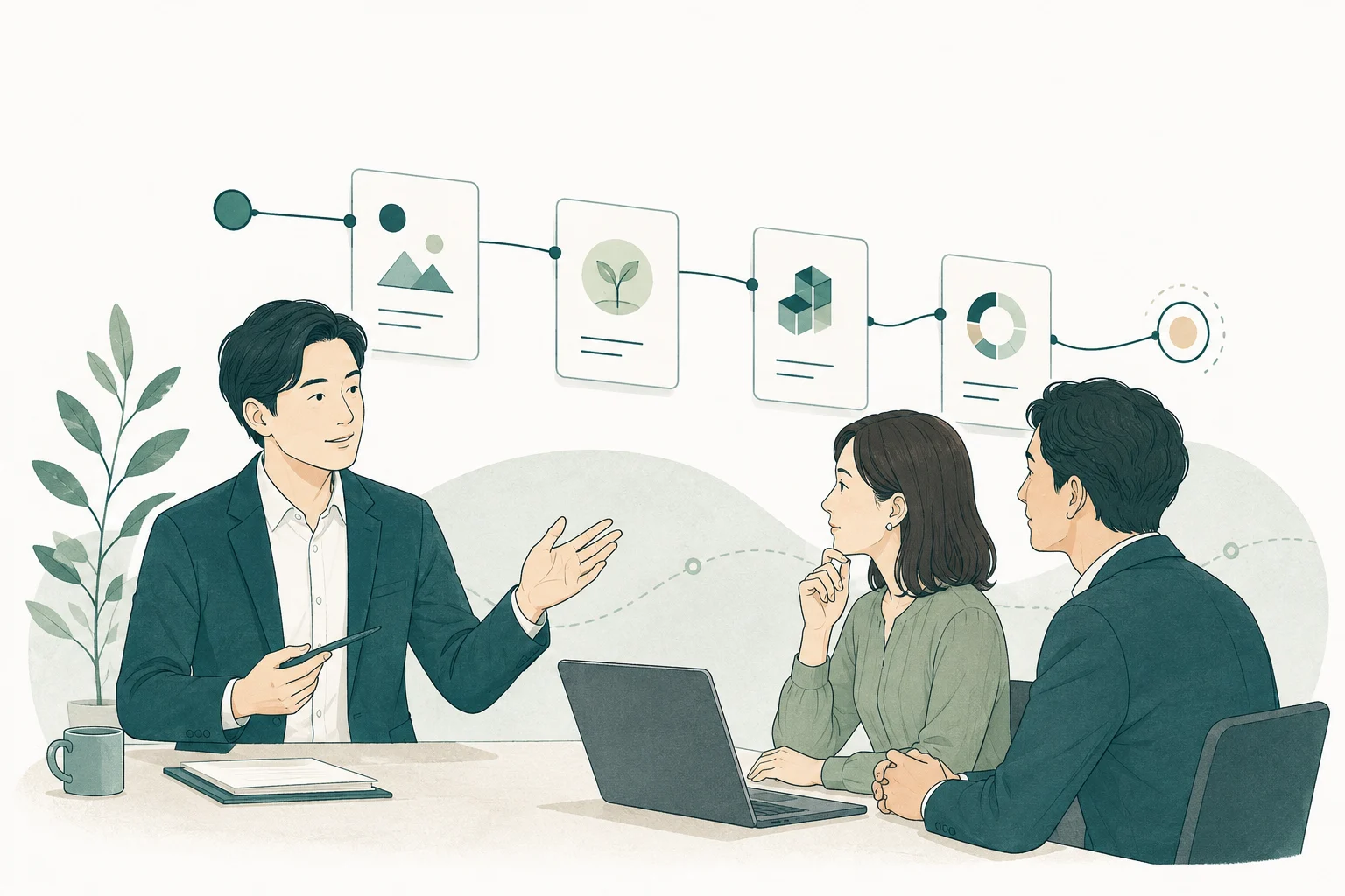 固定カリキュラムで学ぶ講師と受講者のイラスト